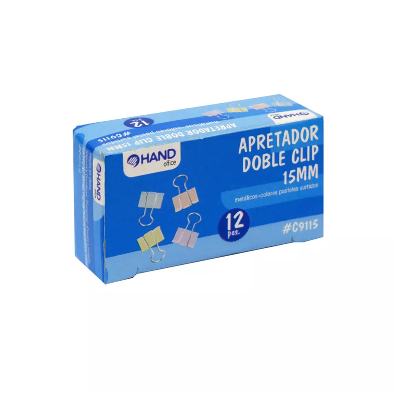 APRETADOR DOBLE CLIP COLOR PASTEL 12 UNID 15MM HAND — Hand