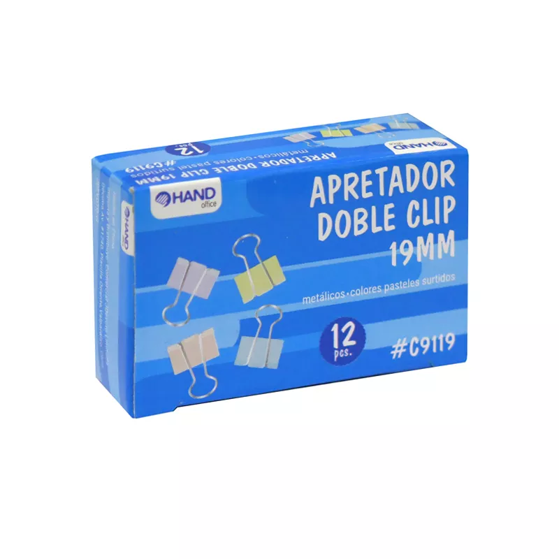 APRETADOR DOBLE CLIP COLOR PASTEL 12 UNID 19MM HAND — Hand