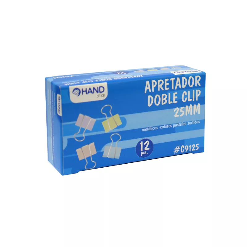 APRETADOR DOBLE CLIP COLOR PASTEL 12 UNID 25MM HAND — Hand