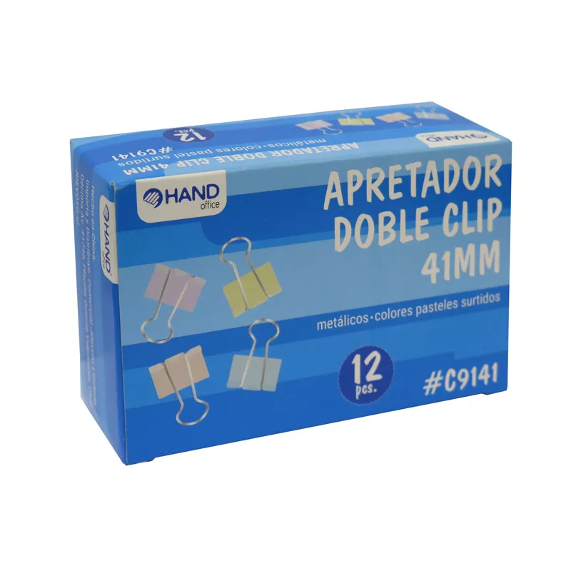 APRETADOR DOBLE CLIP COLOR PASTEL 12 UNID 41MM HAND — Hand