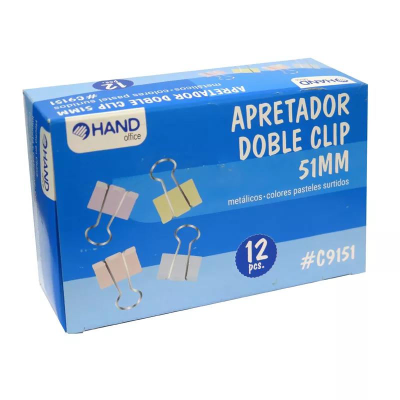 APRETADOR DOBLE CLIP COLOR PASTEL 12 UNID 51MM HAND — Hand