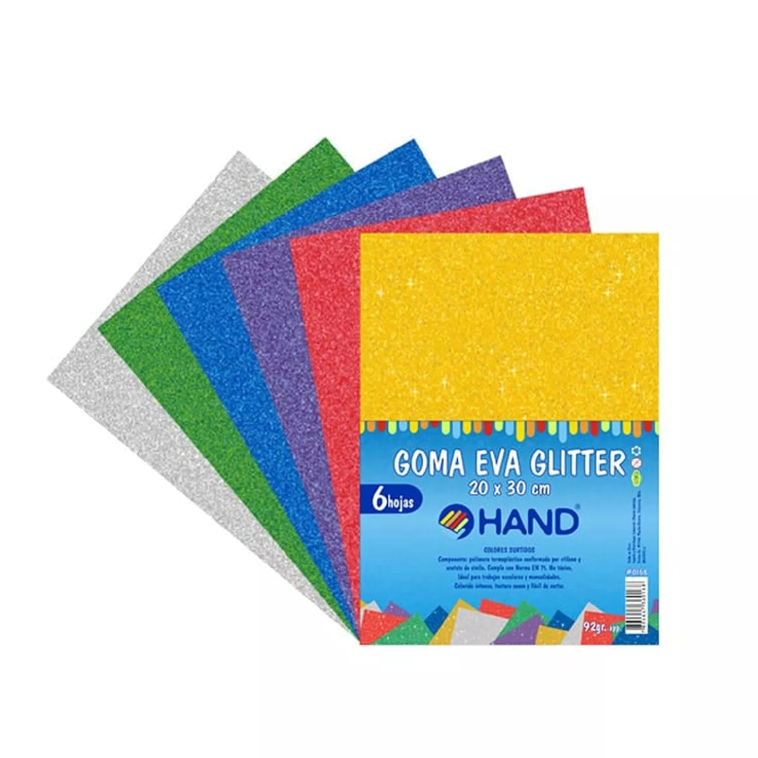 GOMA EVA GLITTER 6 COLORES 20X30CM HAND — Hand