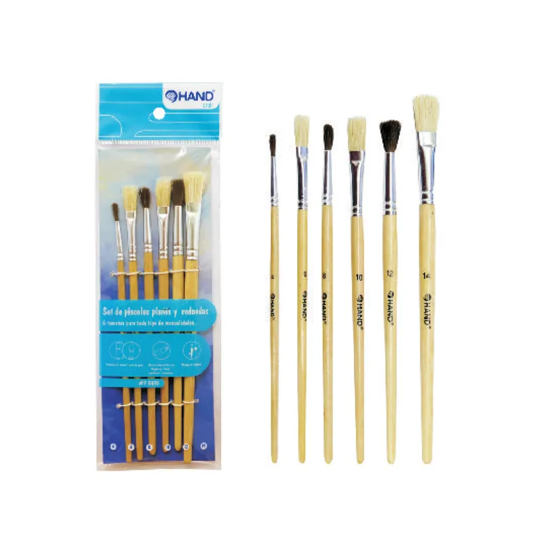 SET 6 PINCELES REDONDO/PLANO MADERA HAND — Hand